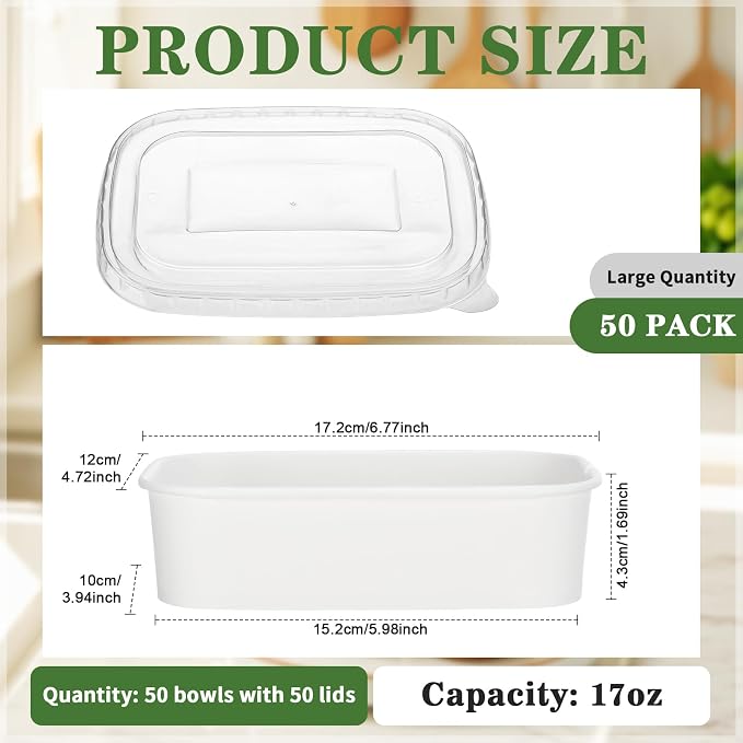 Maxdot 50 Pack 17 oz Disposable Food Containers with Lids Paper Food Containers Bowls for Meal Prep, Salad, Ice Cream, Yogurt, Soup Bowls Party Leftover Box