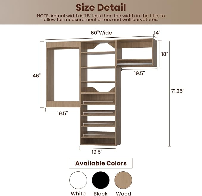 ROOMTEC Modular Closet System, 60" Wall Mounted Modern Closet Organizer with Hanging Rods and Shoe Shelf, Wooden Tower for Walk-In Closets, Wardrobe Storage Kit, Wood
