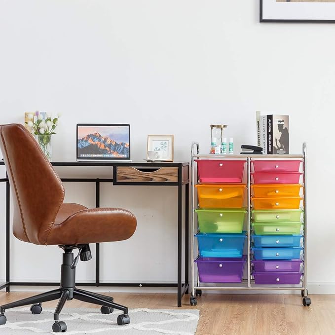 LUARANE Rolling Cart with 15 Drawers, Craft Storage Cart with Portable Handles & Lockable Wheels, Mobile Toys Organizer, Large Capacity Utility Drawer Cart Home Office School Teacher (Rainbow)