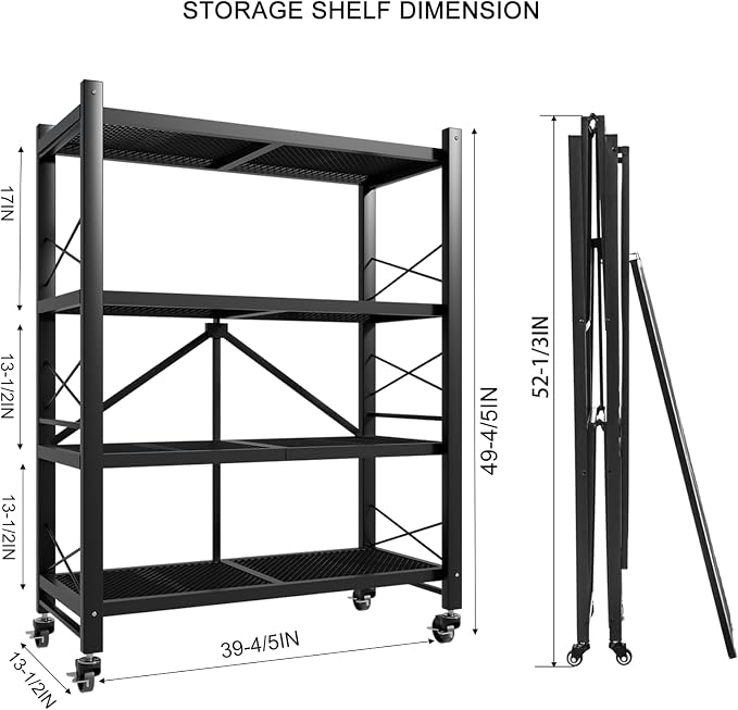 Folding Storage Shelves, Heavy Duty Garage Shelving Unit, Adjustable Metal Standing Storage Rack Shelf, No Assembly Wire Shelving Organizer with Wheels for Kitchen Pantry Warehouse (4-Tier, 1 Pack)