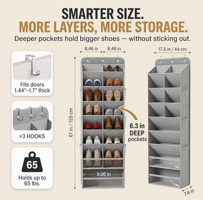 HOMELUX THEORY 8 Tier Hanging Shoe Organizer for Closet, Over the Door Shoe Organizer with Deep 120D Extra Thick Pockets, Shoe Rack for Closet & Entryway, with 6 Side Pockets for Boots (Pink)