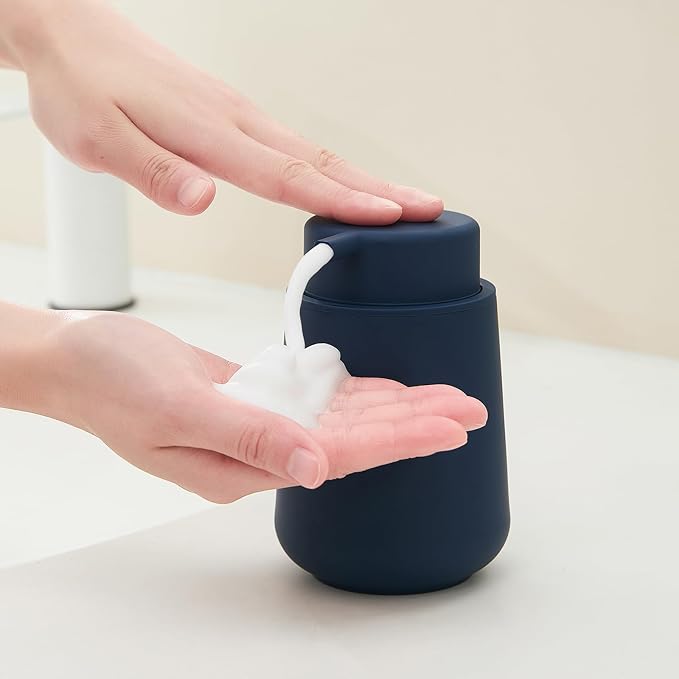 YAUKPH Matte Navy Blue Foaming Hand Soap Dispenser Plastic 11 oz - Modern Minimalist Style for Bathroom & Kitchen Countertop Refillable