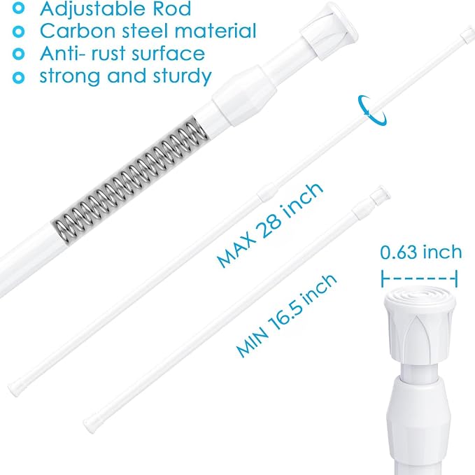MEXAU White Tension Curtain Rod 16 - 28 inch Spring Tension Rod Curtain Rod Adjustable Spring Rod Extendable Tension Rod for Kitchen, Bathroom, Window, Closet.