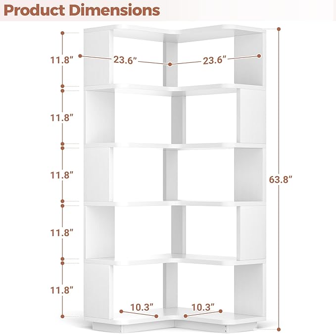 Besiost Corner Book Shelf, 6-Shelf Corner Bookshelf for Small Corner Spaces, L-Shape Bookcase Corner Display Shelf for Home Office, Living Room, Bedroom, White