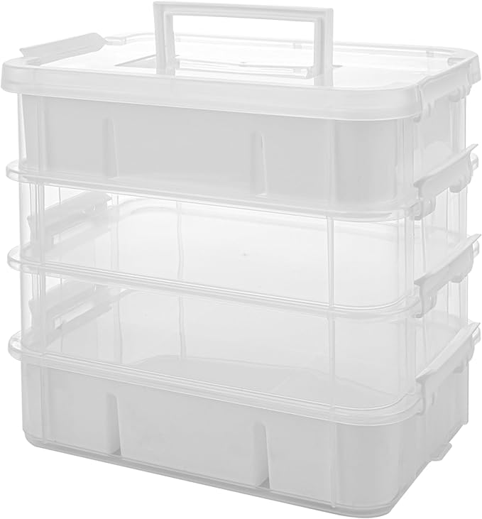 CraftGenes Sewing Storage Organizer, 4-Tier 10 Qt Box with 2 Trays, White | Clear Compartments; Dual Removable Inserts; Carry Handle; Side Latches; Thread, Bobbins, Needles, Beads, Notions