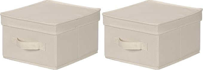 Household Essentials 111 Storage Box with Lid and Handle - Natural Beige Canvas - Medium,Natural Trim (Pack of 2)