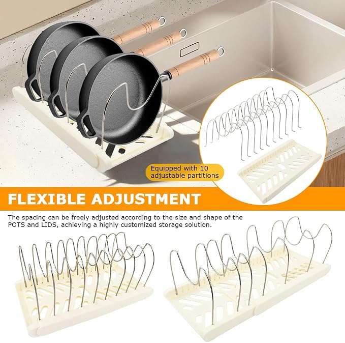 Expandable Pots and Pans Organizer Rack,with 10 Adjustable Compartments for Kitchen Cabinet or Under Sink 13"-23"Adjustable Pot Lid Holder for Cookie Sheets Cutting Boards Cookware(COLOR:White)