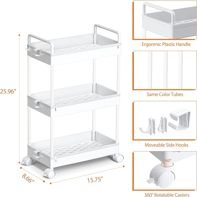 Ronlap 3 Tier Slim Rolling Storage Cart with Wheels Utility Organizer,White | For bathroom, laundry, kitchen, bedside & dorm. Fits art, craft, snack, makeup, nail, diaper & postpartum baby supplies