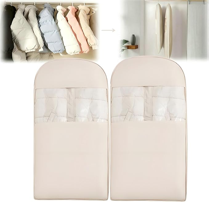 Space Saving Hanging Garment Bag with Self Compression Zipper, New Update Space Saver Clothes Storage Organizer, Dust Cover Clothes Bags for Down Coat Suit Dress or Jacket (Beige, L, 2PCS)