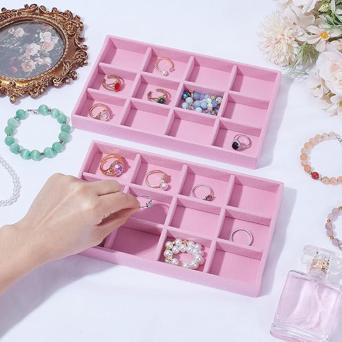 2Pcs Velvet Jewelry Drawer Organizer Trays Stackable Velvet Jewelry Organizer Bulk Pink 12 Girds Stylish Drawer Inserts for Ring Earring Holder Necklace Bracelet Storage Display Women Adults