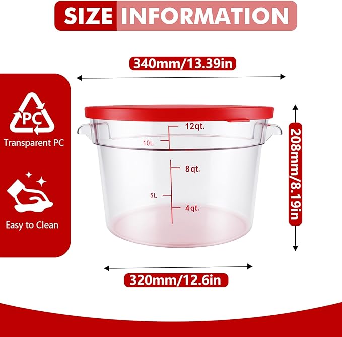 4-Pack Food Storage Containers with Lids,Round Plastic Containers for Kitchen, Food Grade, BPA-Free, Stackable, Clear Red Storage Buckets (Red, 10L)