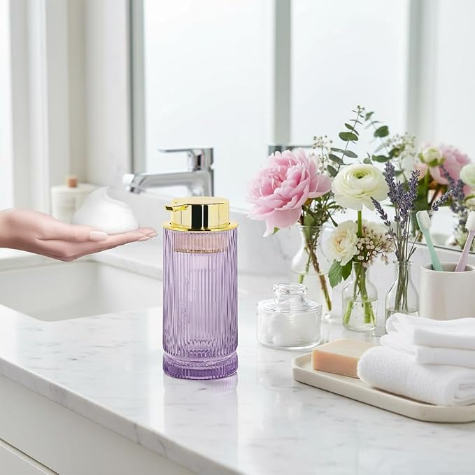 Foaming Soap Dispenser, 14 Oz Glass Foam Hand Soap Dispenser with Gold Pump, Purple Bathroom Refillable Liquid Lotion Pump Container Ribbed Bottle for Kitchen Countertop Decor