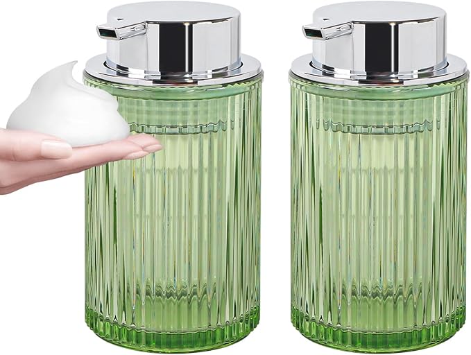 Foaming Soap Dispenser, 12 Oz Thick Glass Foam Hand Soap Dispenser, Refillable Glass Foam Pump Bottle Container Decorative Slim Ribbed Bottle for Bathroom and Kitchen (2, Green Silver)