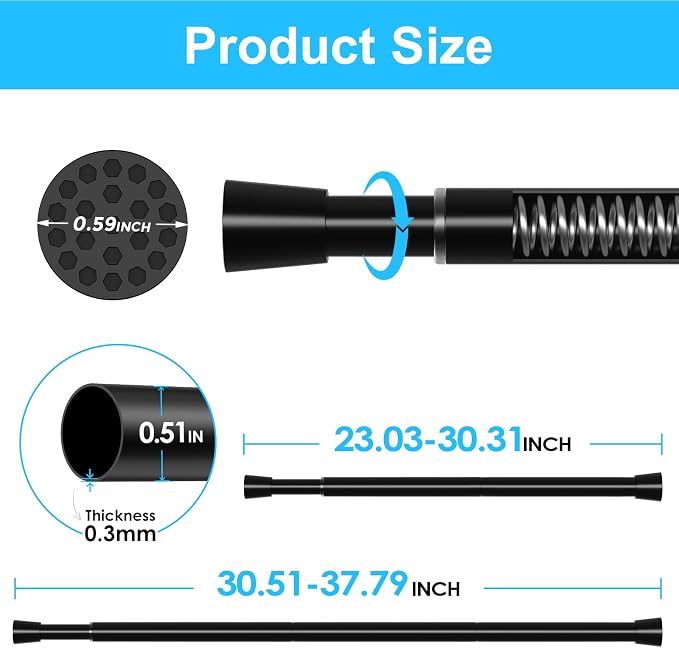 MEXAU 4 Pack Black Spring Tension Curtain Rod for Window 23 to 37 Inch Thin Spring Tension Rods Small tension Rod Adjustable Expandable Spring Curtain Rods No Drill for Closet Cupboard Door Doorway