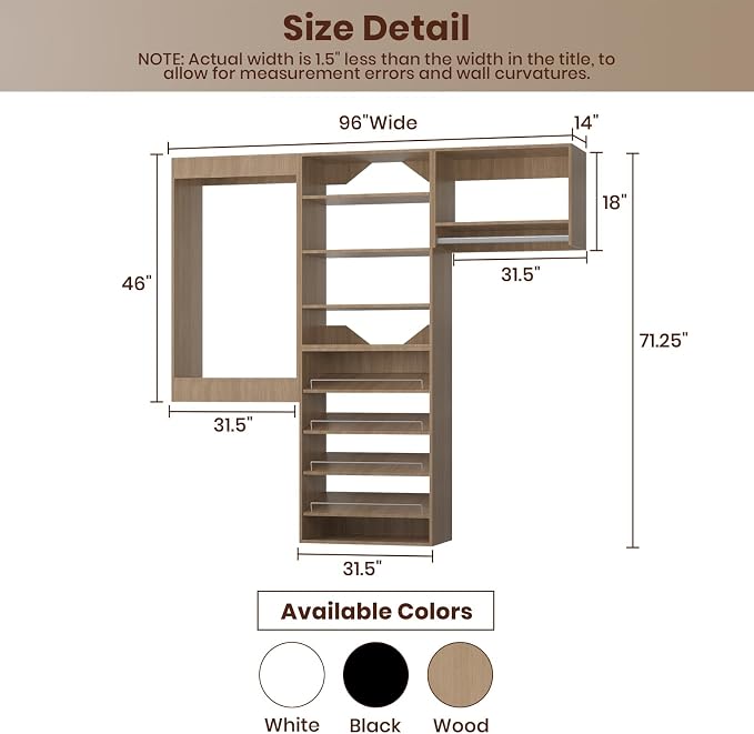 ROOMTEC Modular Closet System, 96" Wall Mounted Modern Closet Organizer with Hanging Rods and Shoe Shelf, Wooden Tower for Walk-In Closets, Wardrobe Storage Kit, Wood