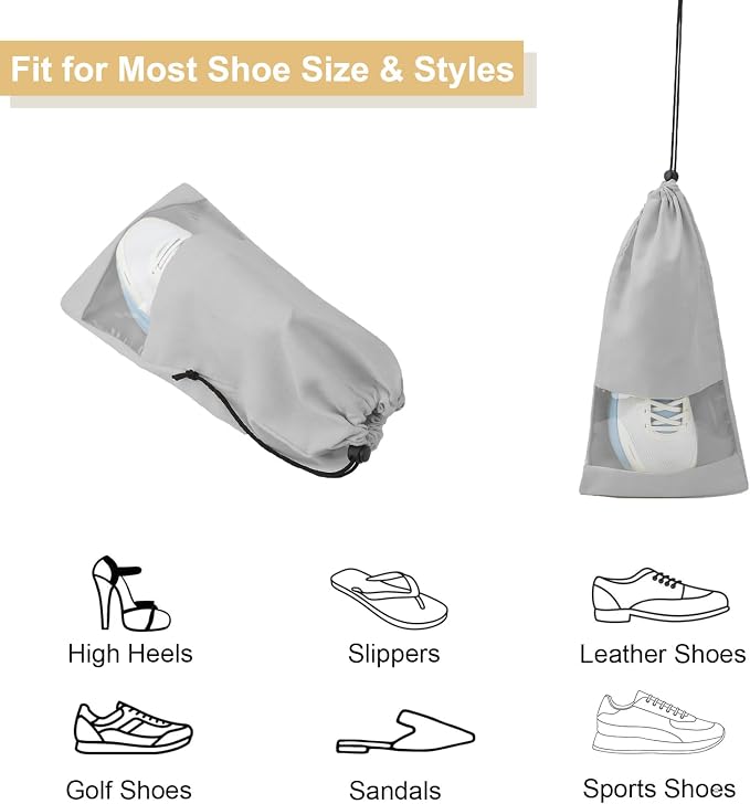 4 Pcs Single Shoe Bags for Travel, 9.1"x17.7" Drawstring Shoe Travel Bags with Clear TPU Window, Travel Organizer for Suitcase (Grey)