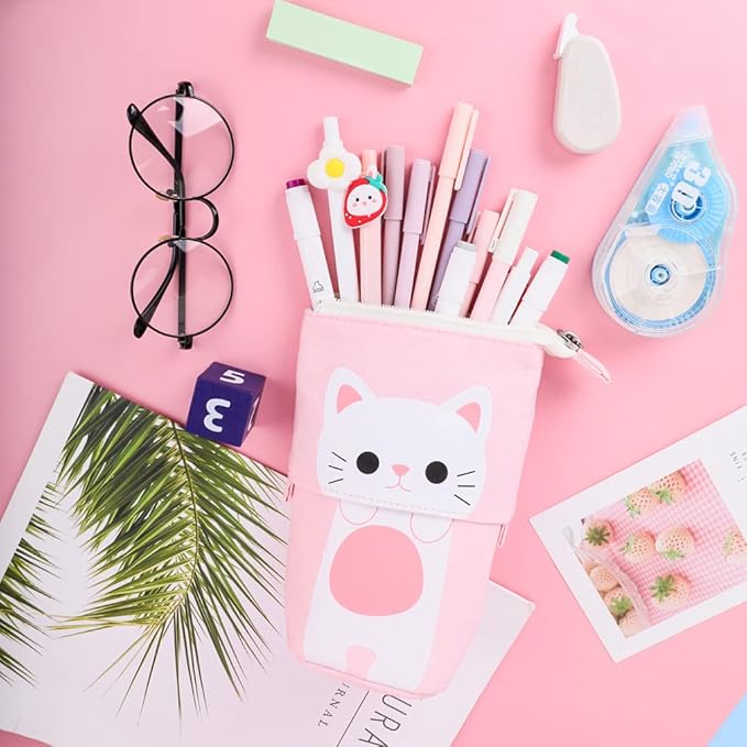 iSuperb Standing Pencil Pouch Pencil Case Cute Cat Telescopic with Zipper Canvas Kwaii Cartoon Pencil Bag Stationery Box for Kids Girls Boys School Supplies 7.5 x 4.9 x 3.0inch/4.1x 3.0inch