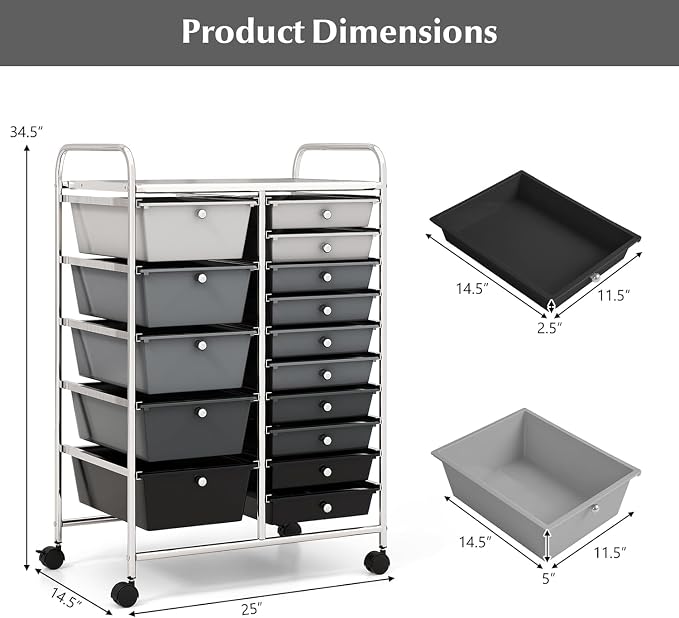 LUARANE Rolling Cart with 15 Drawers, Craft Storage Cart with Portable Handles & Lockable Wheels, Mobile Toys Organizer, Large Capacity Utility Drawer Cart Home Office School Teacher (Gradient Black)