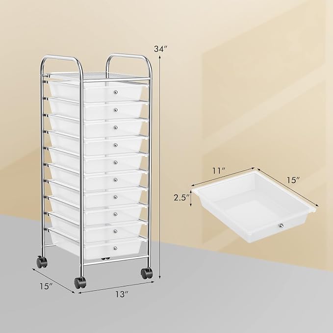 LDAILY 10-Drawer Rolling Storage Cart, Rolling Storage Cart, Storage Organizer on Wheels, Metal Frame, Scrapbook Paper Tools, Suitable for Office School, Classroom (Clear, 10 Drawer)