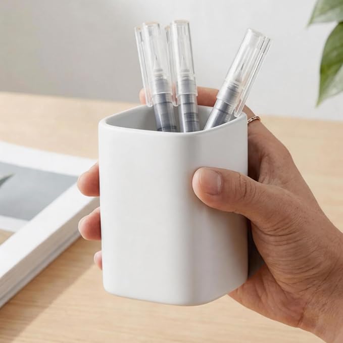 Ceramic Pen Holder Set of 2, Matte Square Pencil Cup for Desk, Heavyweight Stoneware Desk Organizer for Office Front Desk & Vanity, Modern Pen Cups Holder, Non-Slip Base - Matte white