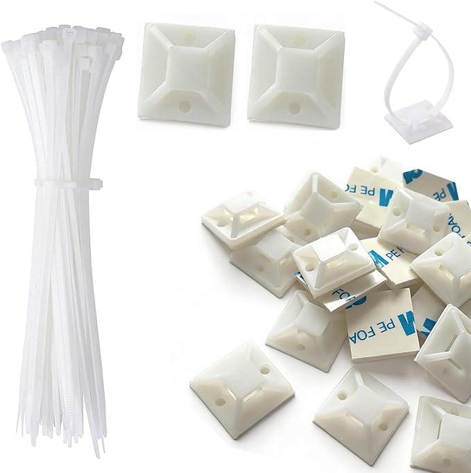 100 Set Cable Zip Tie Self Adhesive Mounts Kit with 6" Zip Ties, 3/4" Wire Holders Squares, Screws - Sticky Wire Fasteners Cable Clips Management Anchors Organizer - White