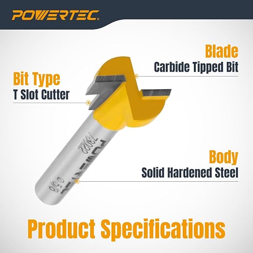 POWERTEC T Track Router Bit, Tungsten Carbide Tipped Router Bit, 1/4" Shank, 5/8" Dia., Slatwall, T Slot for Picture Frames, Compatible with 1/4" & 5/16" T Track Bolts (73022)