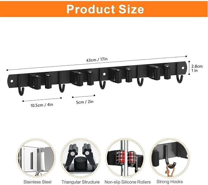CUXIXA Mop and Broom Holder Wall Mount, Upgraded Broom Organizer Wall Mount, Stainless Steel Broom Hanger Wall Mount for Kitchen Garden Laundry Room Decor(4 Racks with 5 Hooks Black)
