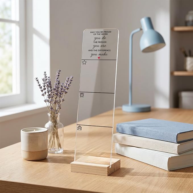 Sticky Note Holder, Monitor Memo Board, Sticky Note Board for Desk, Acrylic Desk Buddy with Wooden Base, Includes 200 Notes, Inspirational “May You Be Proud”