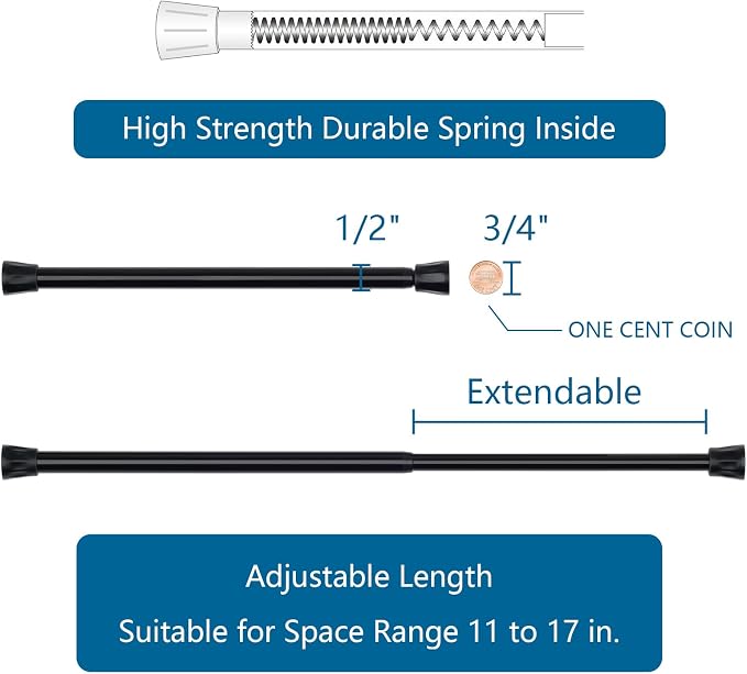 TYRON Tension Curtain Rod 11 to 17 Inch, Extendable Small Short Tension Rod, No Drill Extension Pressure Curtain Rods for Window, Closet, Kitchen, Cupboard, Cabinet Divider (Black, 2 Pack)