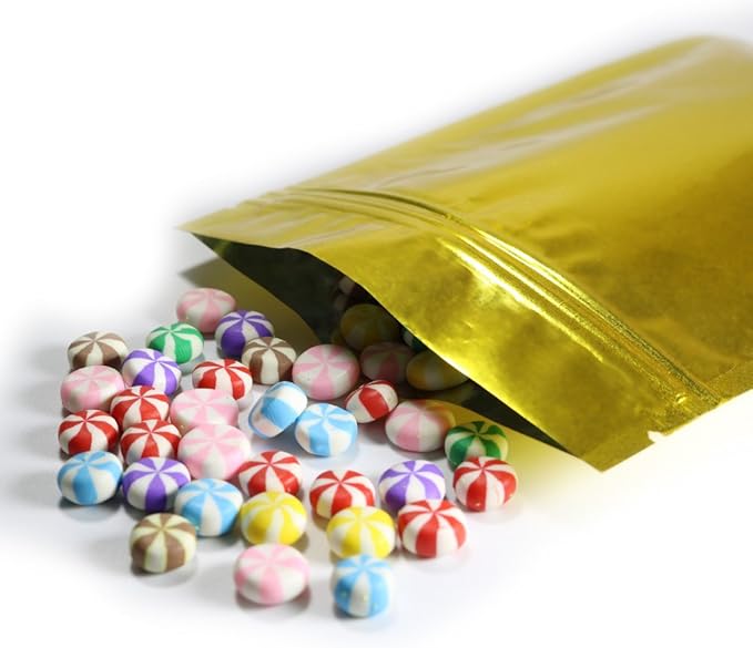 100PCS Customized Resealable Mylar Bag Foil Flat Packaging Bag with Tear Notch,Single-Color Printing for LOGO,QR Code,Text (Gold, 16 * 24CM/6.3"*9.5"-100PCS-One Color Print)
