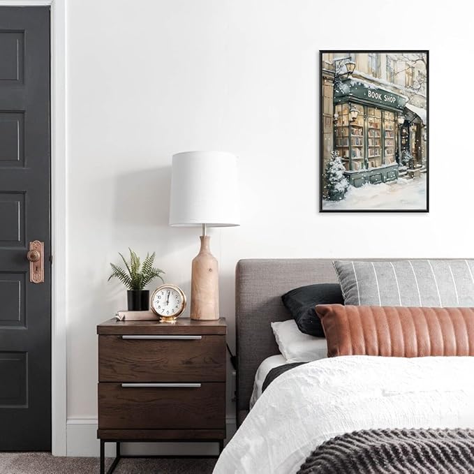 Winter Book Shop New York Book Lover Art Aesthetic Poster Canvas Wall Art Decoration Living Room Home Decor Bedroom Decoration Poster black framed24x36inch