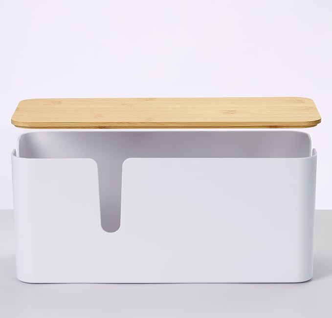 ZhiYo 2 Pack Cable Management Box, Large & XL, Power Strip Organizer, White | Extra-Tall Design for Oversized Adapters, Fits Power Strips Up to 13.4" Long, Natural Bamboo Lid, Ideal for Desks, TV Areas