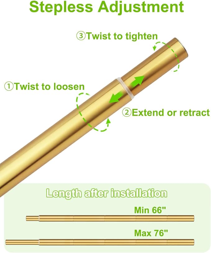 Closet Rod, Adjustable Clothes Haning Rod 66 to 76 Inches, Stainless Steel Rod for Close, Gold