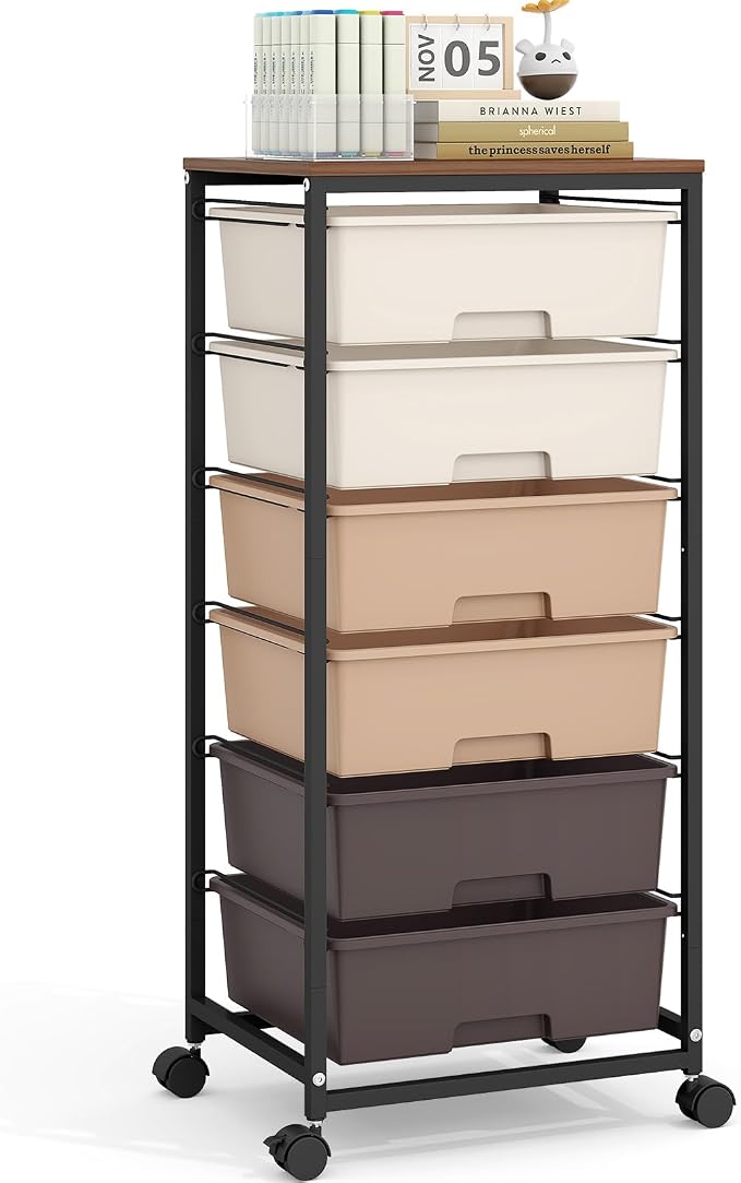6 Drawer Rolling Storage Cart with Wooden Top and Wheels for Crafts,Brown | Easy Setup, Large Capacity, Sturdy Build, Lockable Mobility, For office, classroom and art studio supplies