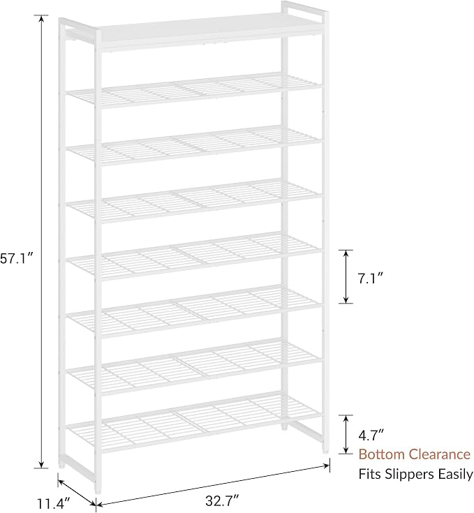 8 Tier Shoe Rack Organizer for 32-40 Pairs, Tall Metal Shoe Storage Shelf with Wood Top, Adjustable Boot Space, Narrow Design for Entryway Closet,White