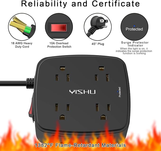 6 Ft Surge Protector Power Strip - 8 Widely Outlets with 4 USB Ports, 3 Side Outlet Extender with 6 Feet Extension Cord, Flat Plug, Wall Mount, Desk USB Charging Station, ETL,Black