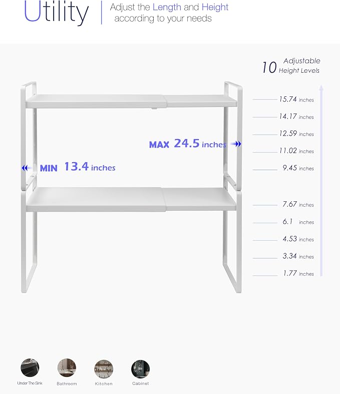 Nxconsu Expandable Cabinet Shelf Organizer Riser, 10.5" 2 Pack White | Heavy-Duty Steel Expandable Shelf Holds 50 lb, 5-Level Stackable Riser for Kitchen Cabinet Cupboard Pantry Counter Under Sink