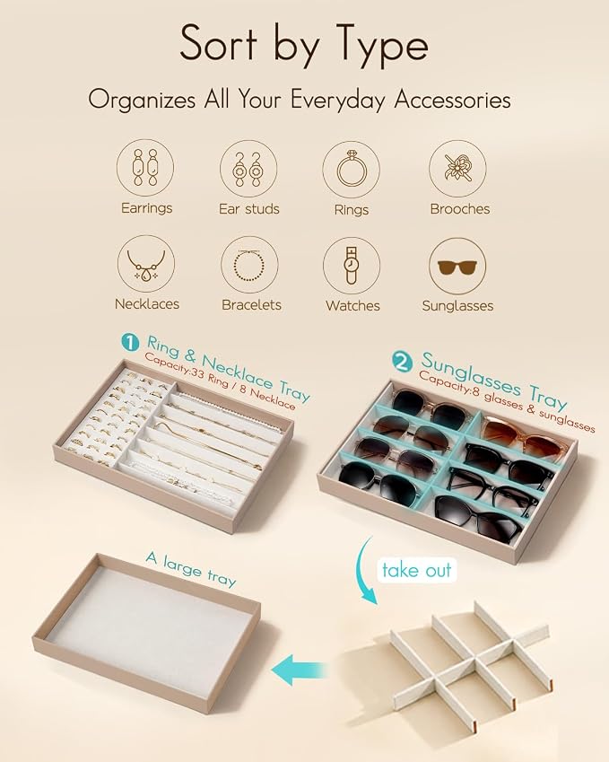 VLANDO Stackable Jewelry Tray, Drawer Organizer for Rings Necklaces,Toffee | Ring Slots, Long Sections, Vanity Storage for Necklaces, Earrings, Daily Jewelry, Gift for Women Girl