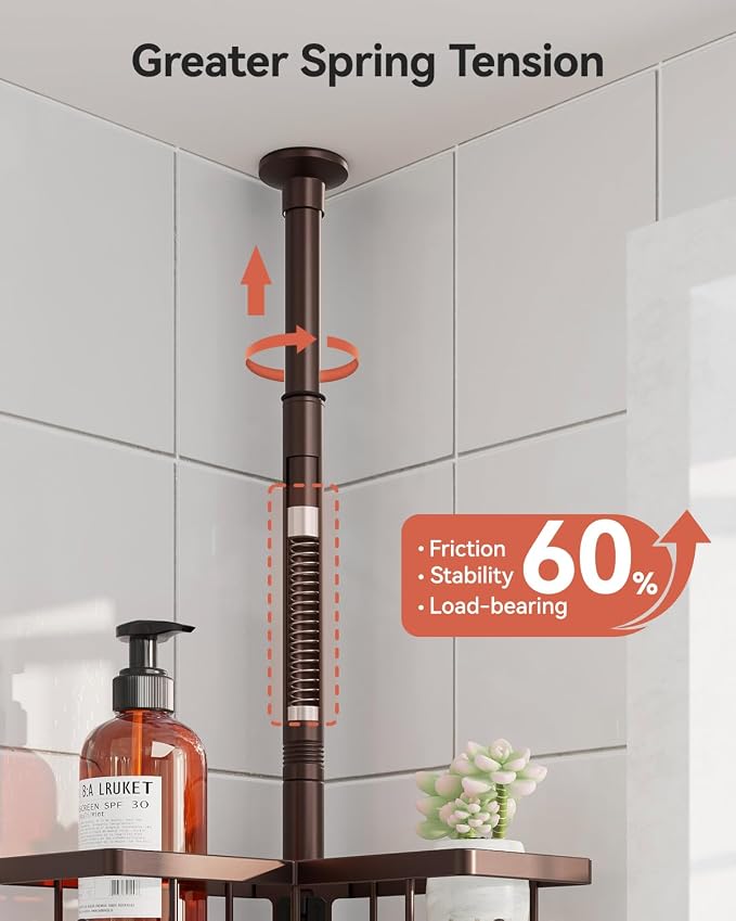 YASONIC Corner Shower Caddy Tension Pole, 25.7-109.1in Adjustable Shower Shelves, Rust-Resistant Shower Organizer, No-Drill 3-Step Installation, Bathroom Shelves for Renters & Family, Bronze