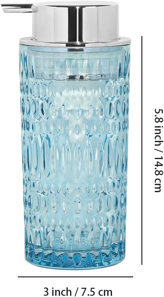 Foam Soap Dispenser, Glass Foaming Hand Soap Dispenser with Pump, 14 Oz Bathroom Refillable Liquid Lotion Pump Bottle Container for Kitchen Countertop Decor (1, Blue Silver)