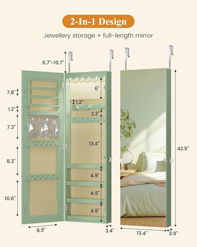 LVSOMT Over The Door Jewelry Organizer, 6 LED Wall Mounted Jewelry Cabinet | Lockable 42.5" Full Length Mirror with Jewelry Storage, Hanging Jewelry Mirror Cabinet, Jewelry Armoire for Women, Green