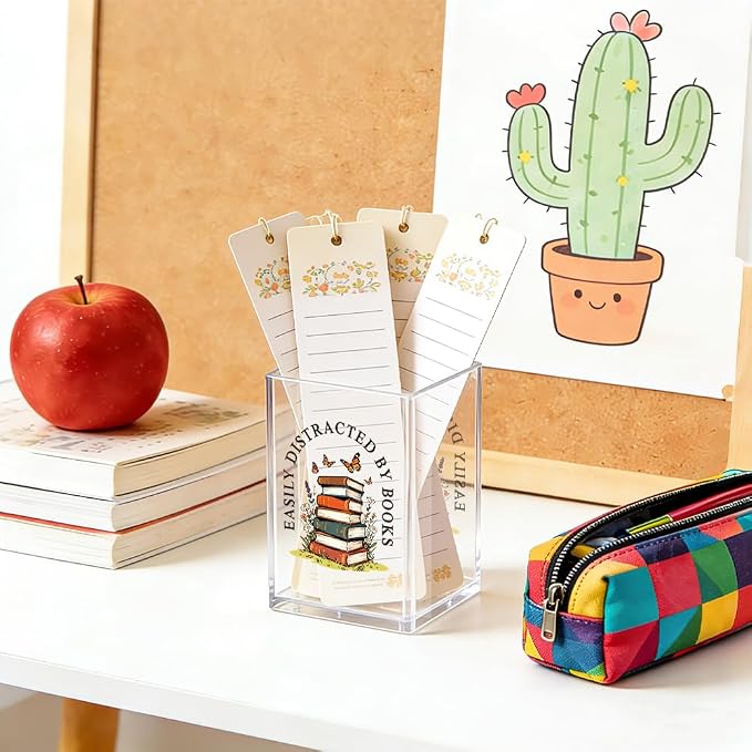 Easily Distracted By Books Acrylic Pencil Pen Holder Cup, Reading Book Club Bookmark Storage Organizer, Cute Bookish Desk Accessories Holder Gifts for Daughter Librarian Teacher Book Lover