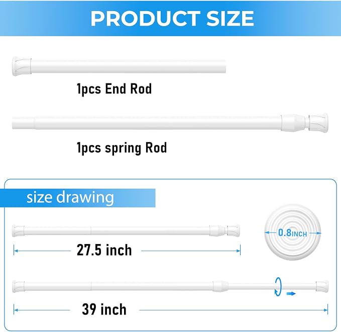2 Pack Spring Tension Curtain Rod 28 to 39 inch, Adjustable Curtain Rods No Drilling Spring Curtain Rods Extendable Pressure DIY Tension Rod for Window Closet Kitchen, White