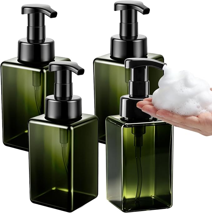 TMLECE 15oz/450ml Square Glass Style Foaming Soap Dispenser Bottles(4 Pack) | BPA-Free PETG, Rich Lather Foam Pump, Leak-Proof Pumps for Hand Soap, Dish Soap & Body Wash, Green