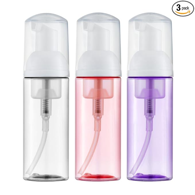 Tekson Soap Foam Bottle (60ml, 2 fl oz), Empty Travel Foaming Lash Shampoo for Cleanser, Dispenser (Clear, Pink, Purple)