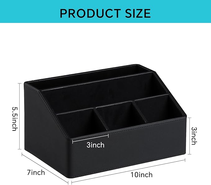 Desk Organizer Caddy with 5 Compartments for Office Art Supplies, PU Leather Nightstand Organizer Pencil Pen Desk Caddy for Home, Desktop TV Remote Control Holder Storage (Black)
