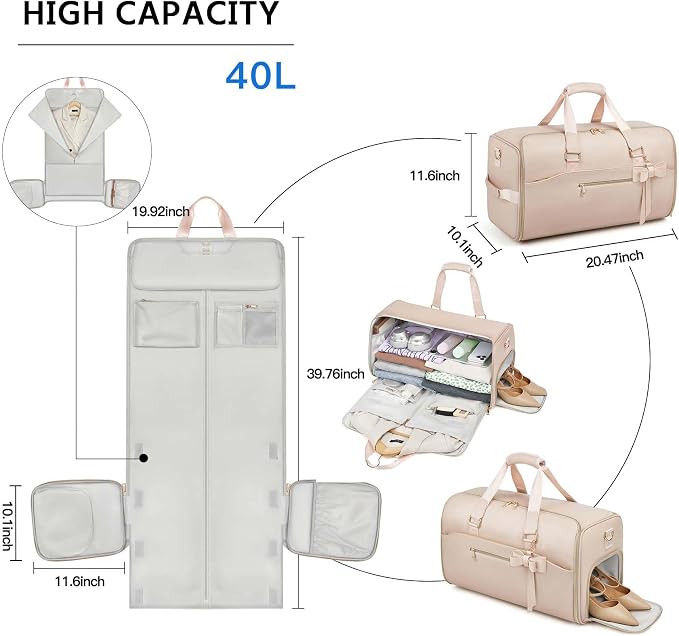 Garment Duffle Bags for Travel,Moulyan Convertible Carry on Garment Bag with Shoe Compartment,3 in 1 Waterproof Travel Suit Bag with Shoulder Strap for Men Women, Pink, Fashion,business