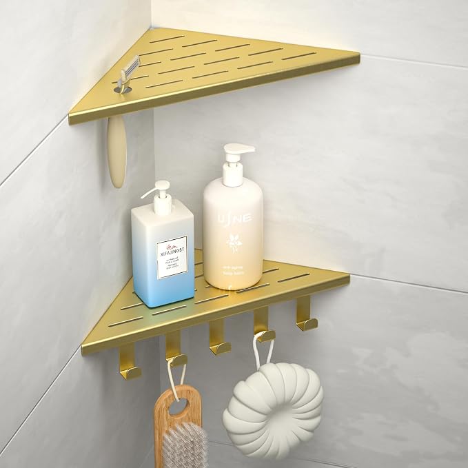 10‘’ Corner Shower Shelf | 304 Stainless Steel Shelves for Bathroom, Grout in Shelf with Hooks for Tiled Wall (Gold)