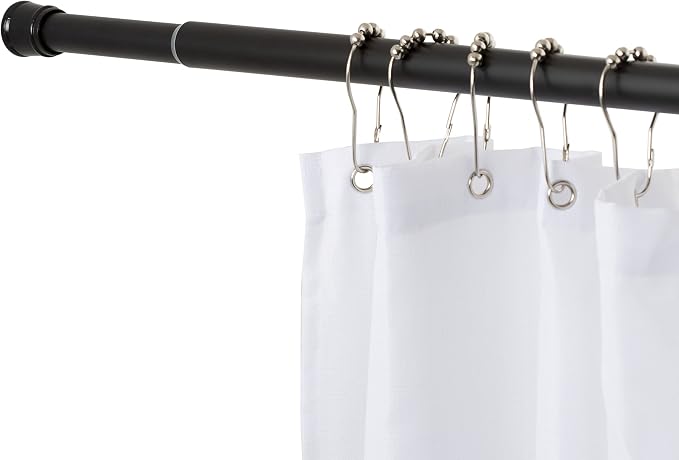 Tension Curtain Rod | Spring Loaded | Adjustable Expandable 42”-76” | Bathroom Shower Rod | Closet Pole | Room Divider | No Rust | No Drilling | Matte Black
