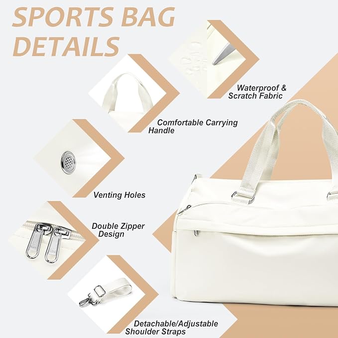 Gym Bag for Women Men with Shoe Compartment,Waterproof Sports Duffle Bag for Travel Weekender Overnight Carry on Bag Gym Tote Bags Workout Bag for Swimming Yoga Hospital Holdalls Beige